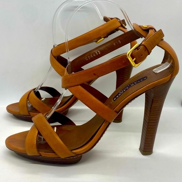 Ralph Lauren Collection Ankle Strap Sandals Made In Italy Size 9.5 Caramel Tan - Picture 6 of 11